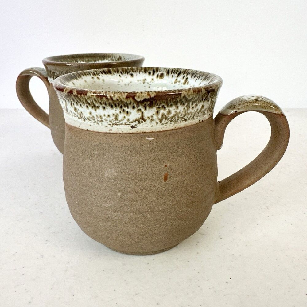Set Of Two Dipped Spotted Glaze STONEWARE Mugs Pottery Rustic - Picture 7 of 11